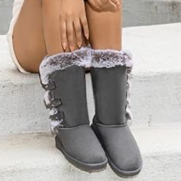 HStylish Gray Slip On Calf High Fur-Lined Waterproof Winter Snow Boots - Picture 16 of 16